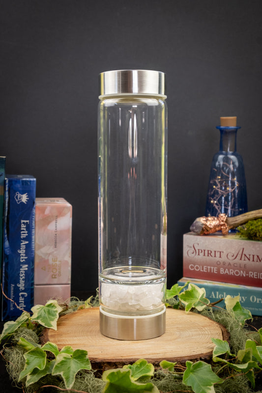 Clear Quartz Gemstone Elixir Glass Bottle with Removable Base, High Vibe Water Bottle for Intention Setting and Master Healer Energy