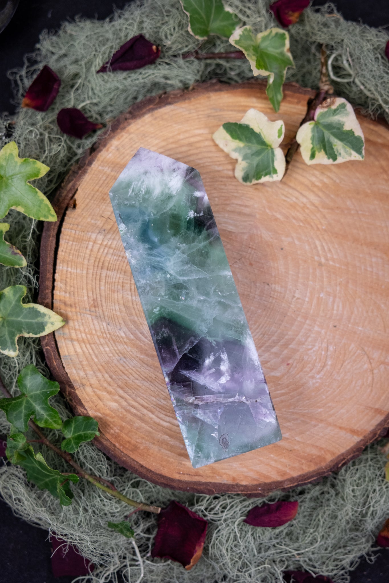 Feather Fluorite Obelisk, Green and Purple Fluorite Tower, Crystal Stone for Focus and Emotional Balance, Ethically Sourced