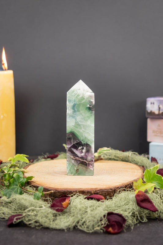 Feather Fluorite Obelisk, Green and Purple Fluorite Tower, Crystal Stone for Focus and Emotional Balance, Ethically Sourced