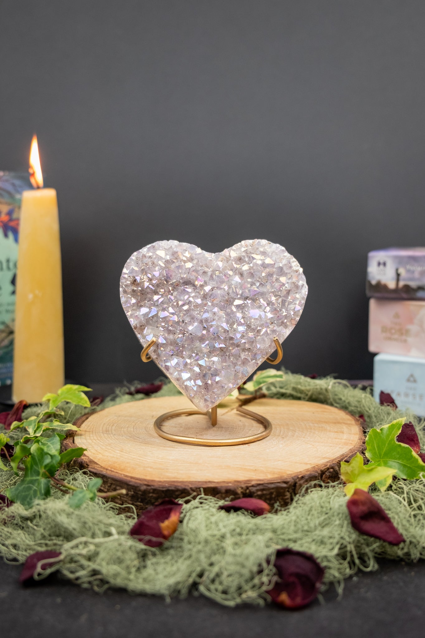 Amethyst Aura Druzy Heart on Stand, Angel Aura Crystal Stone for Love & High Vibration Energy, Ethically Sourced