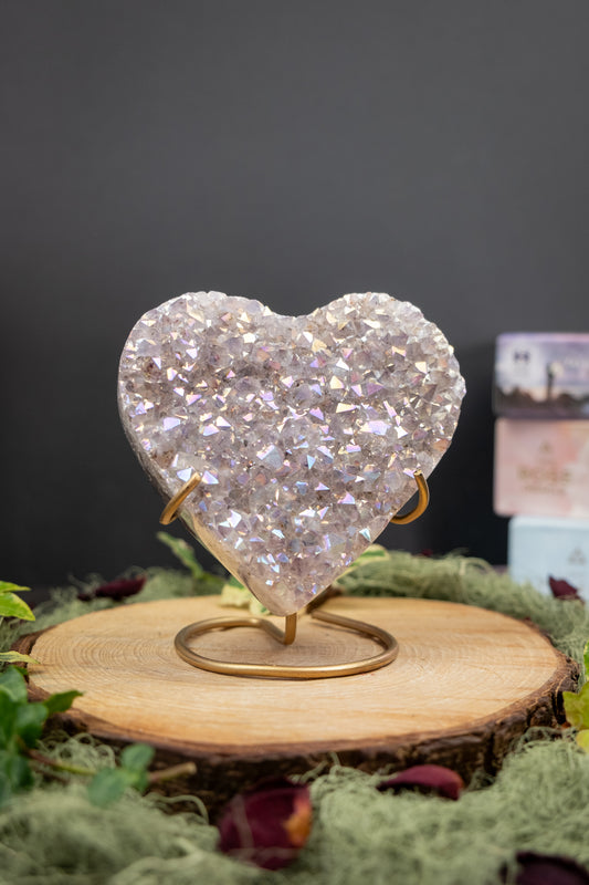 Amethyst Aura Druzy Heart on Stand, Angel Aura Crystal Stone for Love & High Vibration Energy, Ethically Sourced
