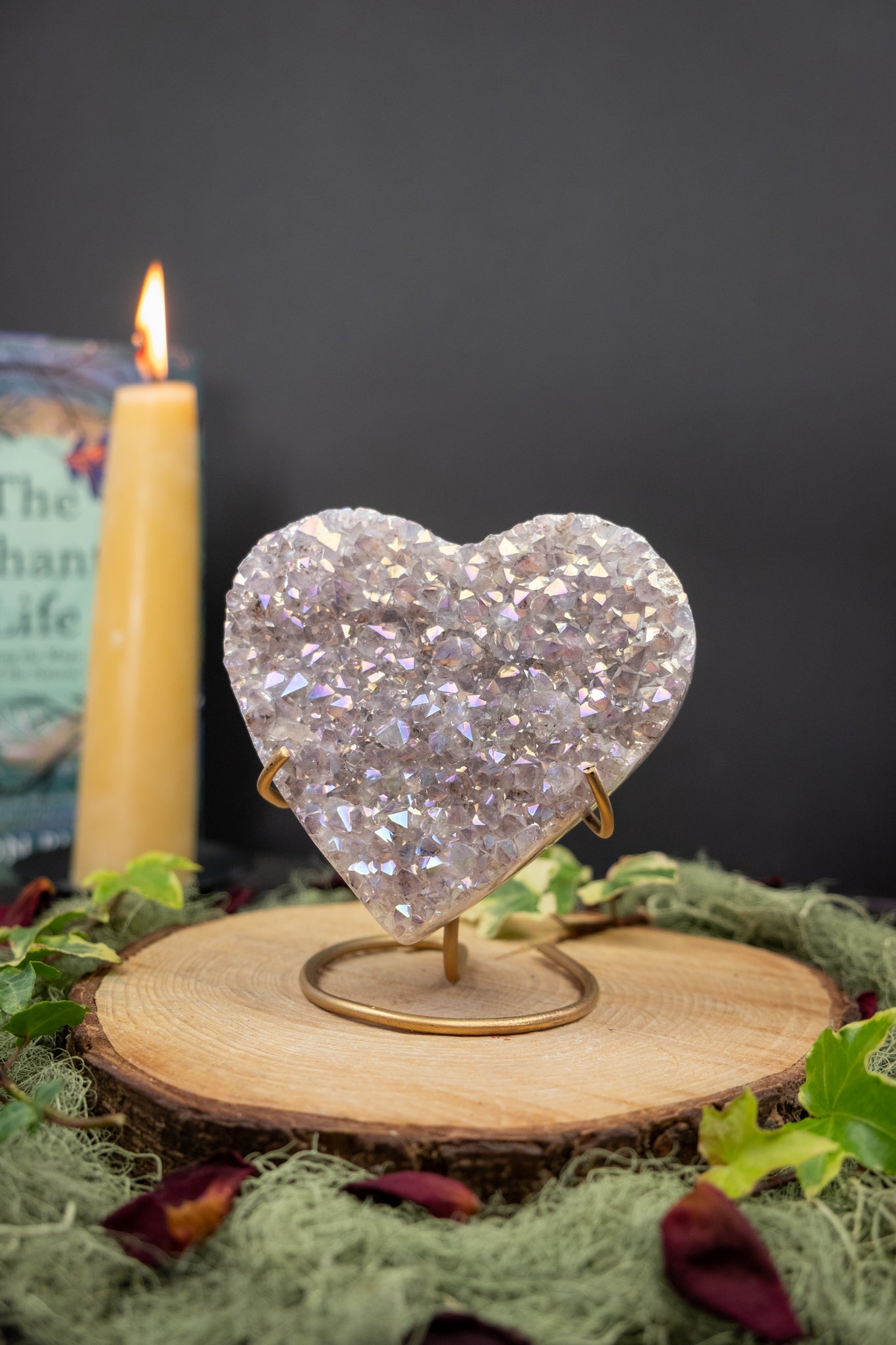 Amethyst Aura Druzy Heart on Stand, Angel Aura Crystal Stone for Love & High Vibration Energy, Ethically Sourced