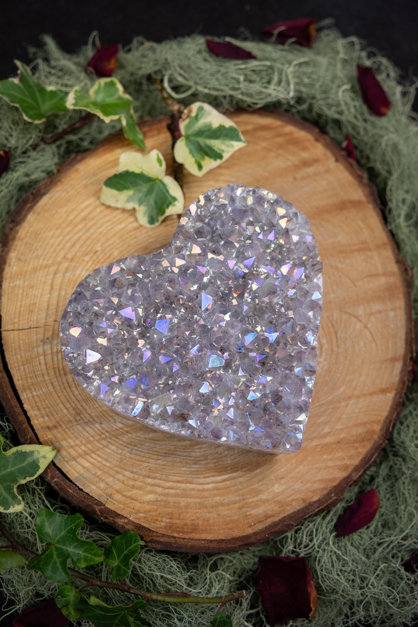 Amethyst Aura Druzy Heart on Stand, Angel Aura Crystal Stone for Love & High Vibration Energy, Ethically Sourced