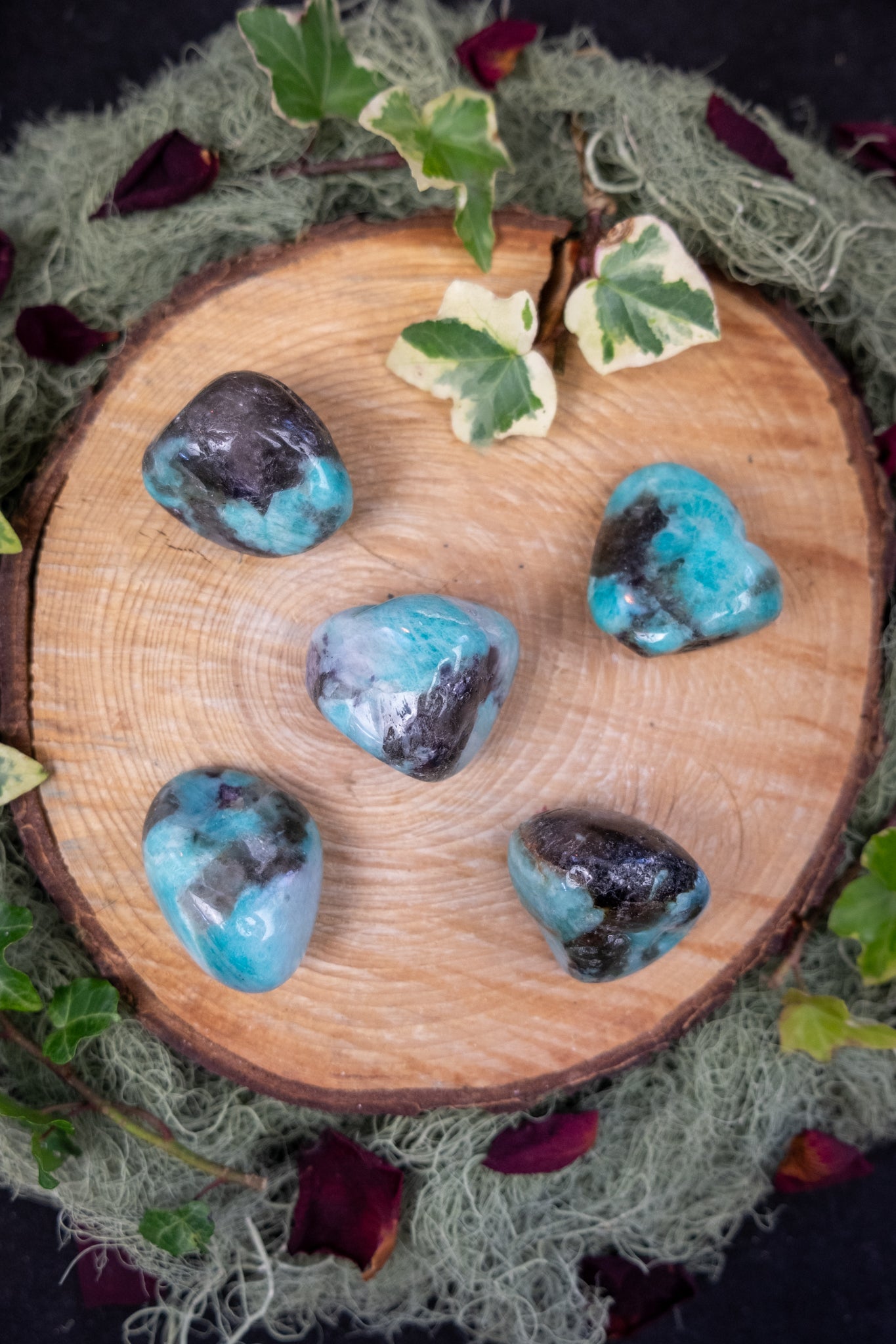 Amazonite Pebble with Black Tourmaline Smokey Quartz Hematite and Mica Inclusions, Grounding and Calm Crystal Stone