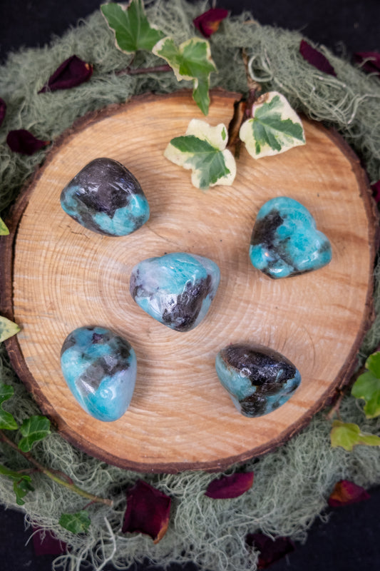 Amazonite Pebble with Black Tourmaline Smokey Quartz Hematite and Mica Inclusions, Grounding and Calm Crystal Stone