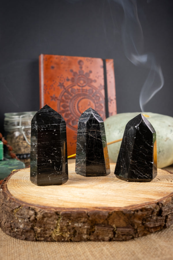 Black Tourmaline with Hematite crystal point, Purify and protect your home and you, Grounding crystal, EMF protection, Absorb negativity.