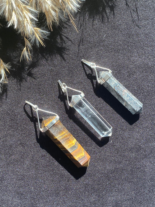 Crystal pendant in Tigers Eye, Hematite or Clear Quartz