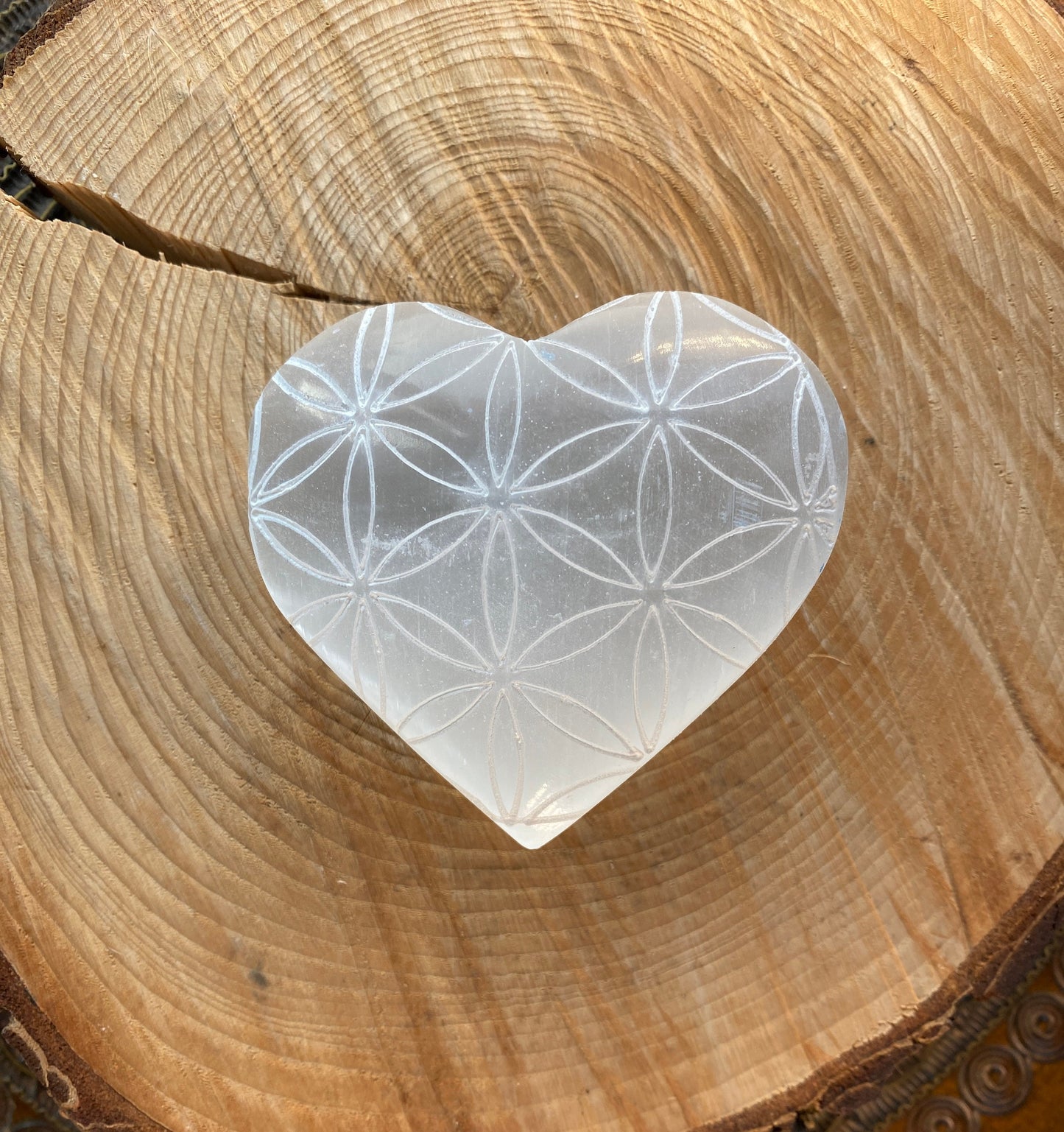 Selenite Crystal Heart with Flower of Life etching, Crystal for cleansing and clearing, Sacred Symbol, Sacred geometry