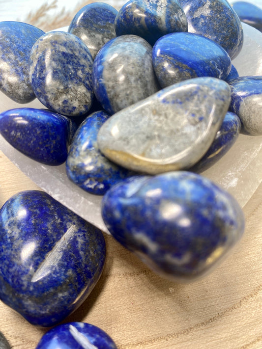 Lapis Lazuli Tumblestones, Fools gold threading, Throat chakra crystal, Crystal for communication.