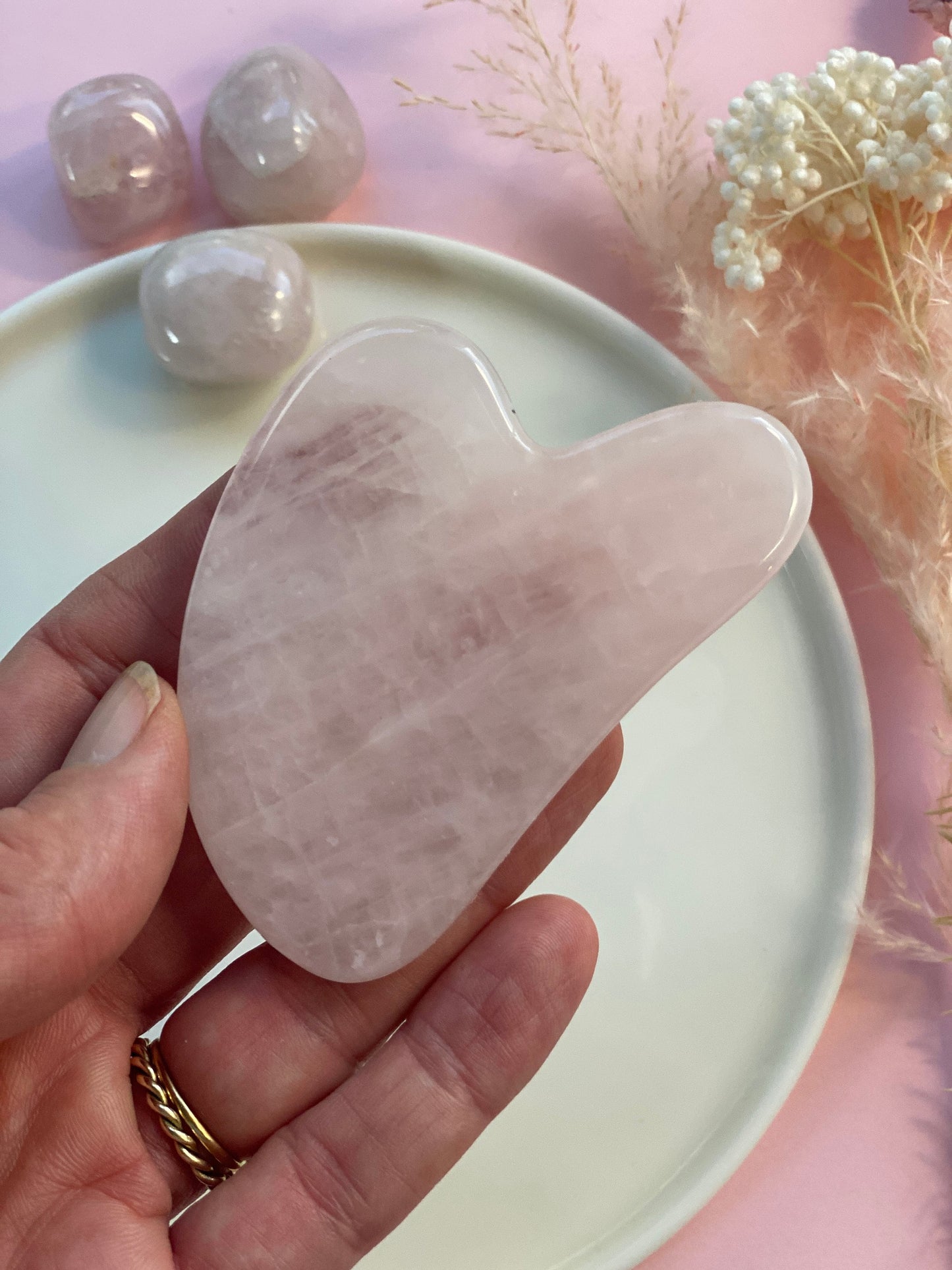 Rose Quartz Crystal Gua Sha Comb, Facial massage, Face yoga.