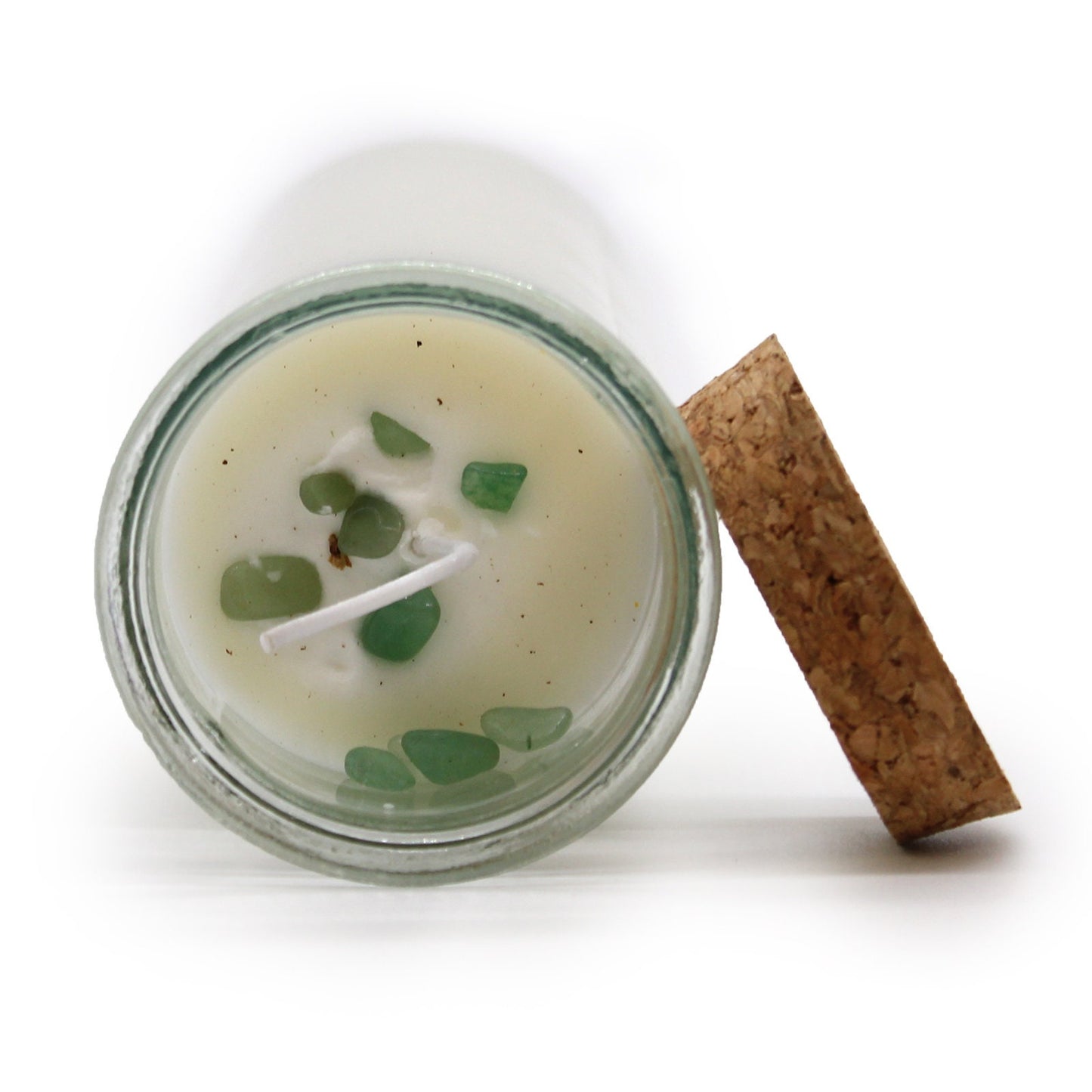 Soy wax candle with green aventurine crystals and Moroccan rose essential oil. A candle to attract happiness.
