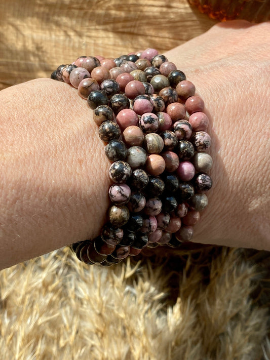 Rhodonite crystal bracelet, Crystal for stress, emotional healing. Heart chakra crystal.