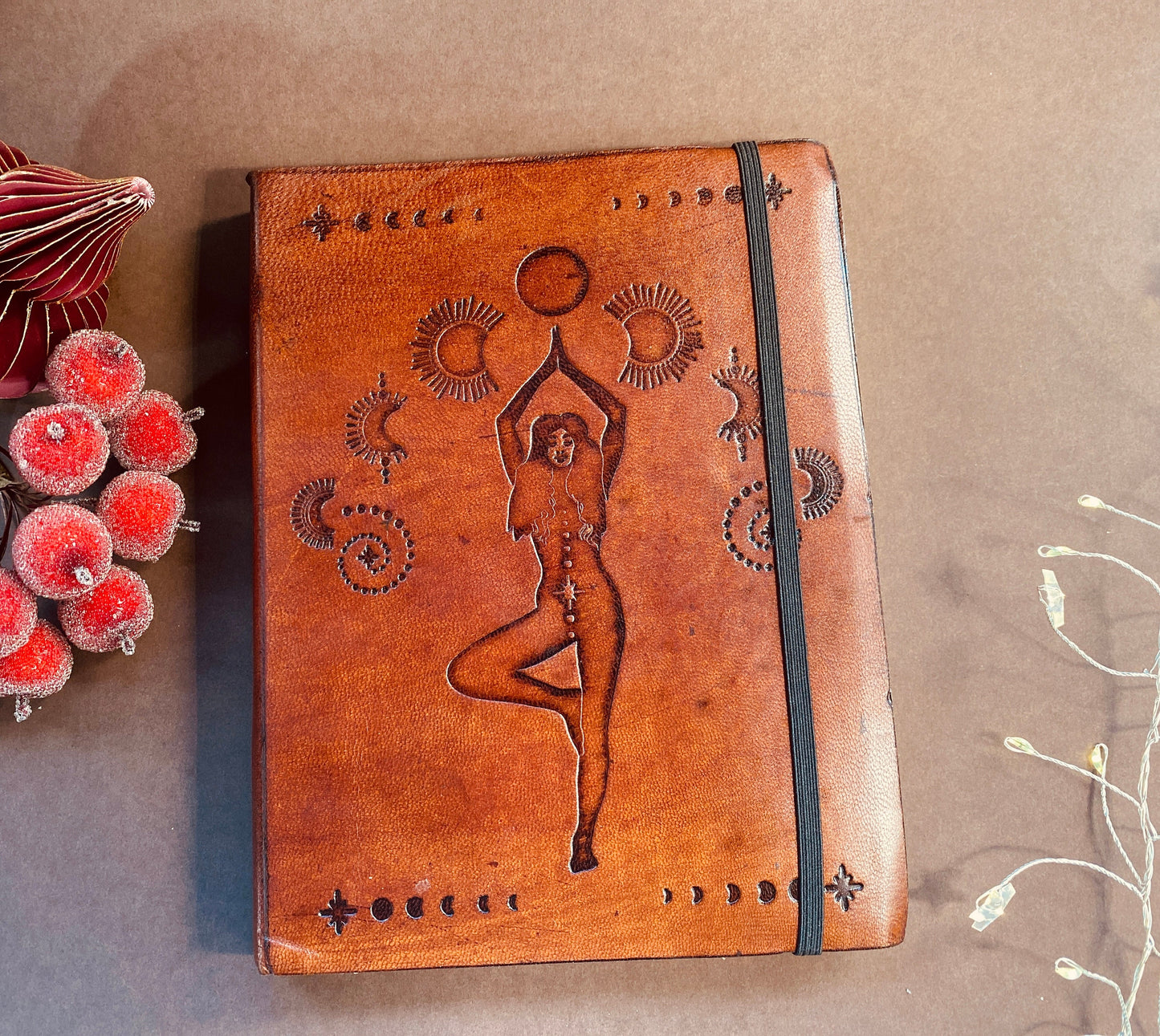 Leather, vegetable tanned, handmade, cosmic goddess journal.