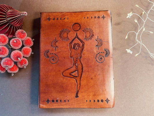 Leather, vegetable tanned, handmade, cosmic goddess journal.
