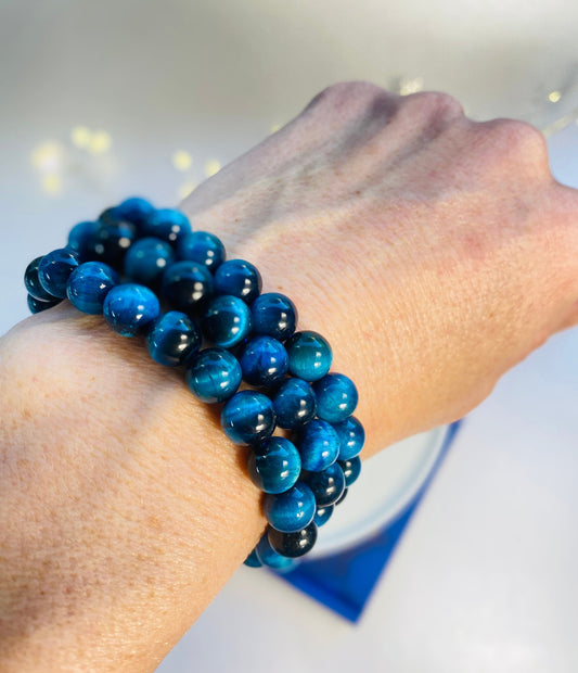 Blue Tigers Eye crystal bracelet, Stone of protection, Calm, Ease anxiety and stress.