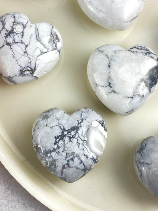 Howlite Crystal heart shaped crystal, Calming, soothing gemstone.